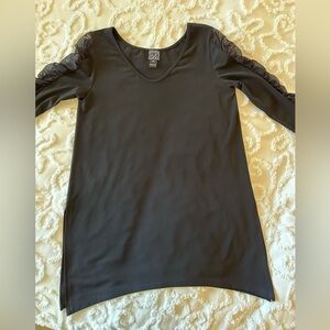 Clara Sun Woo black 3/4 sleeve tunic, sheer mesh down sleeve, like new, XS